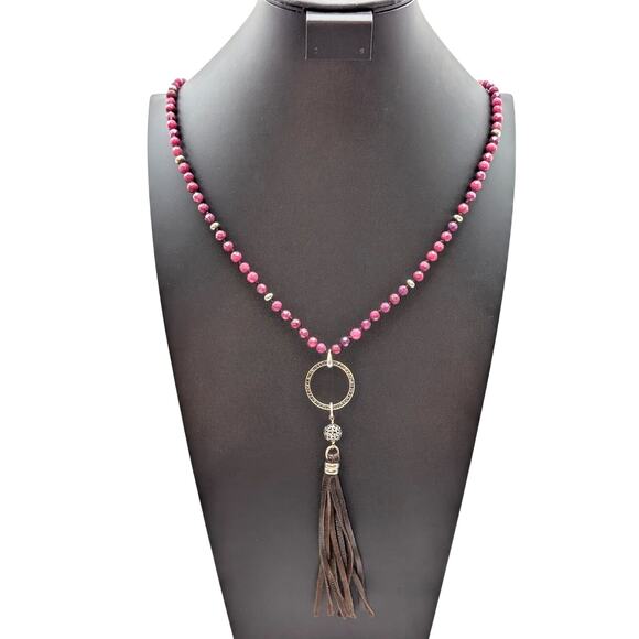 Lucky Brand Boho Wine Crystal Rhinestone Leather Tassel 34"-35.5" Necklace - Picture 1 of 8